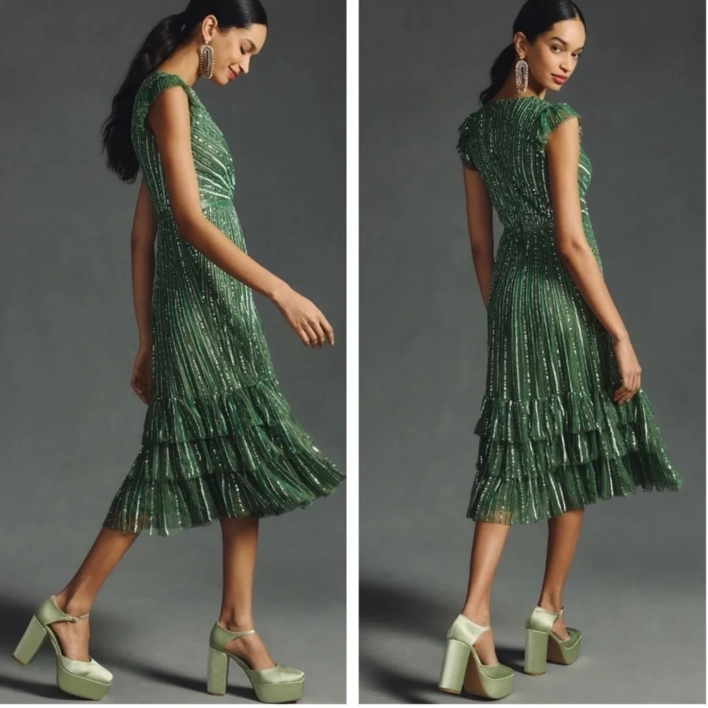 Mac Duggal Sequined Wrap Over Cap Sleeve Ruffle Hem Dress Sage Size 6 NEW - Picture 3 of 15